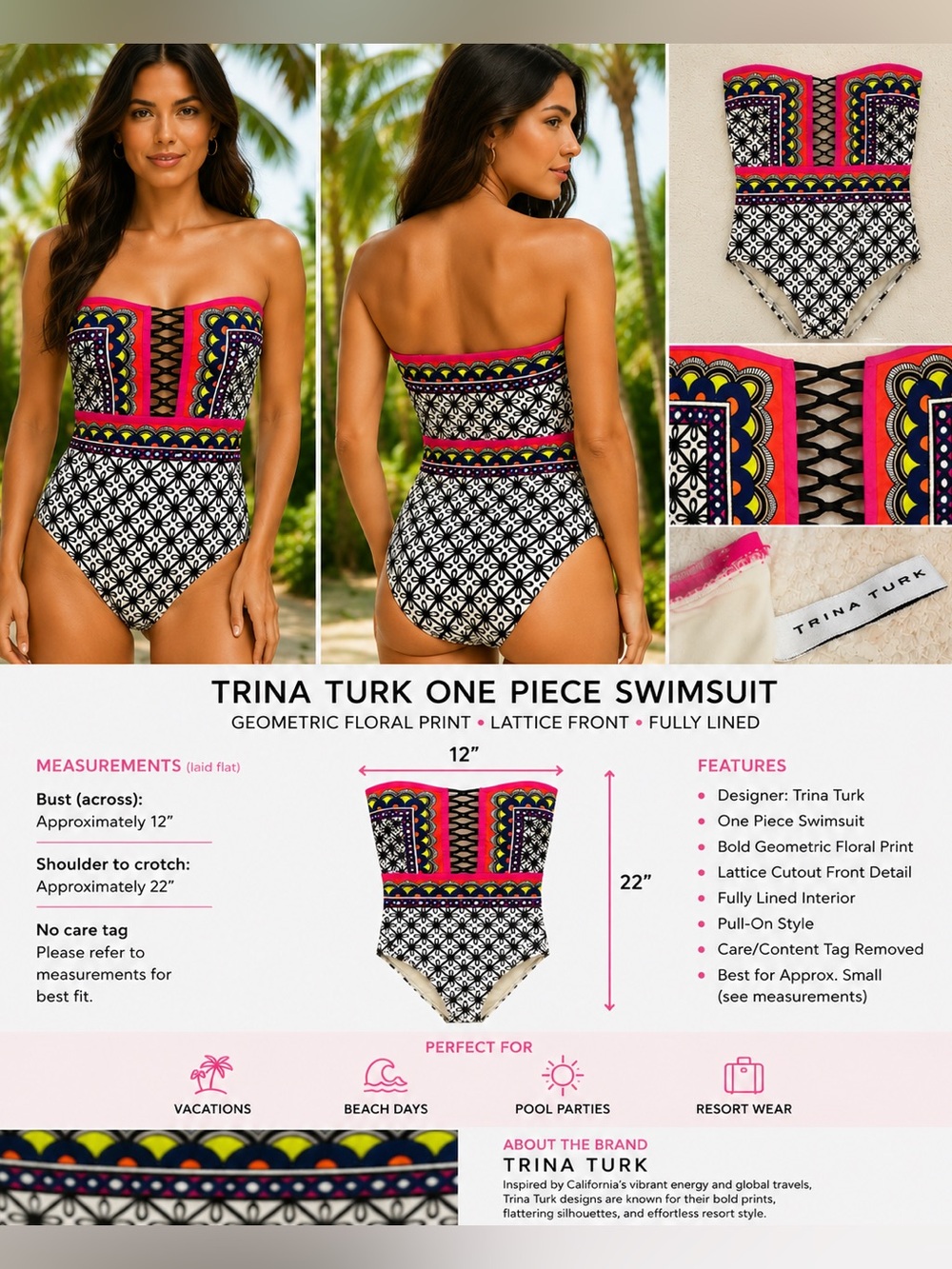 Trina Turk One Piece Swimsuit Geometric Back Pink Multicolor Small?